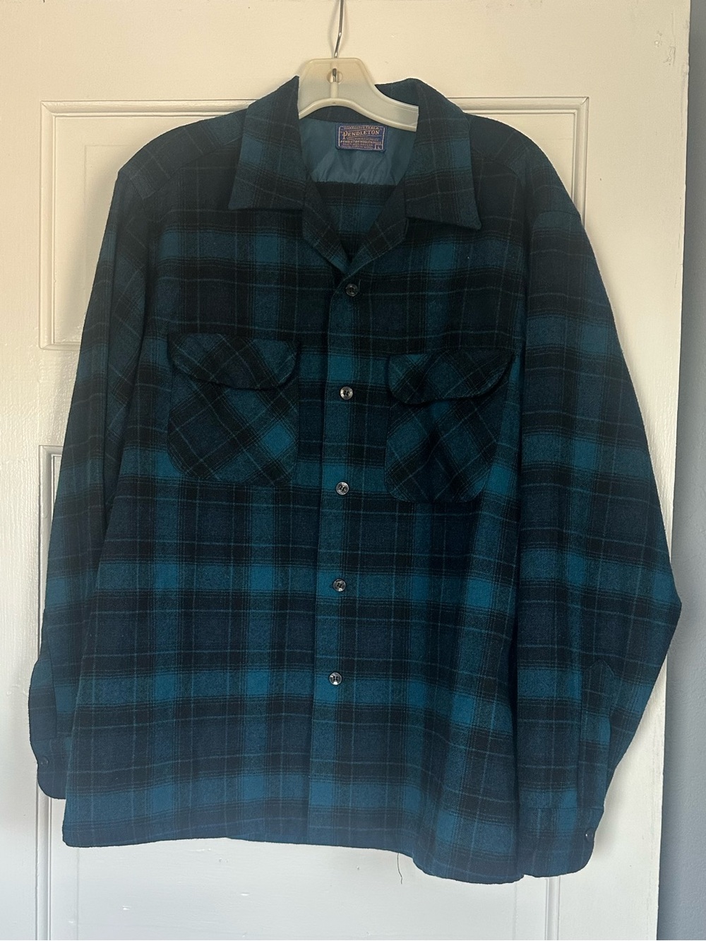 Pendleton Board Shirt Blue Black Plaid Wool Flannel Men's Size L
